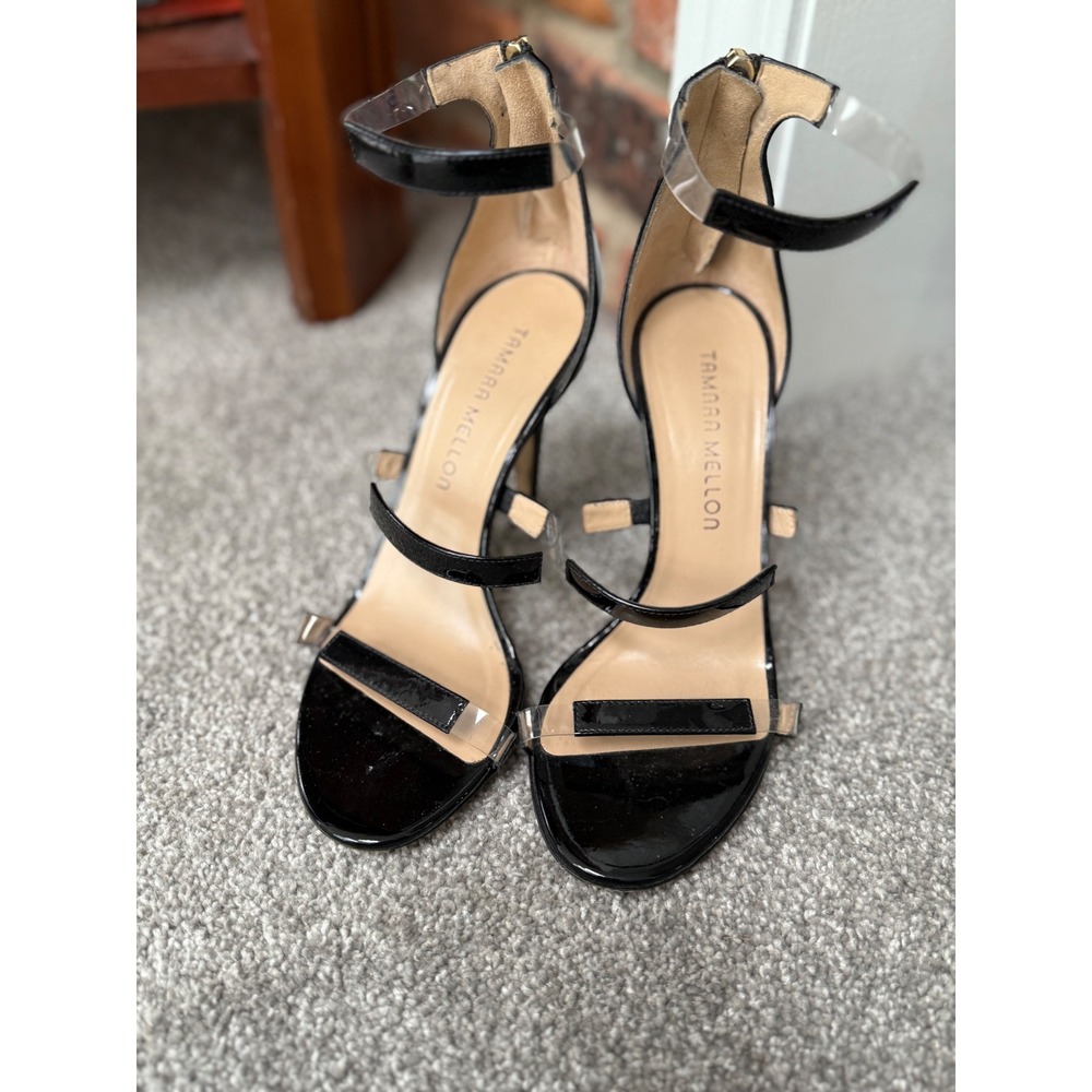 Tamara Mellon Frontline 105 Black Patent PVC Strap Stiletto Sandals Size 36